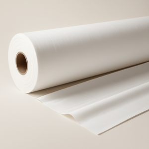 Rollo de papel camilla desechable plastificado blanco, parcialmente desenrollado sobre una superficie neutra.