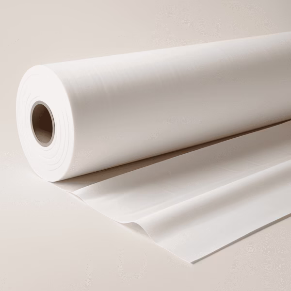 Papel Camilla Desechable Plastificado | para Camillas Rollo de papel camilla desechable plastificado blanco, parcialmente desenrollado sobre una superficie neutra.