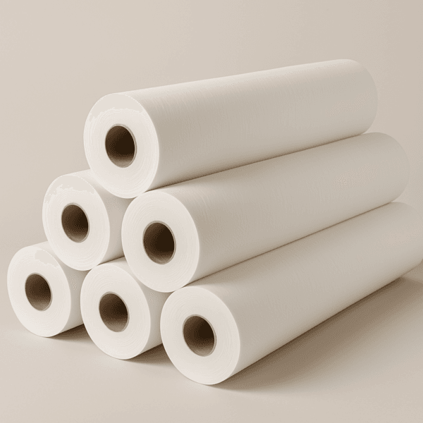 Rollo de papel camilla de polipropileno blanco, parcialmente desenrollado sobre una superficie neutra.