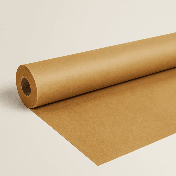 Rollo de papel para camilla de polipropileno beige, parcialmente desenrollado sobre una superficie neutra.