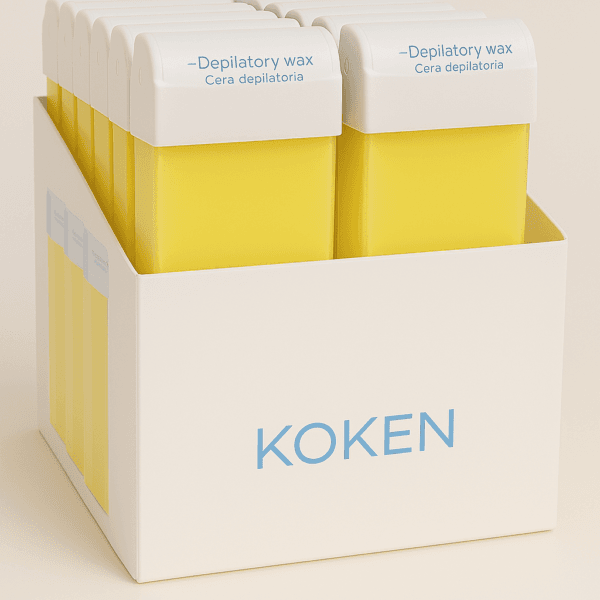 Pack de 40 unidades de roll-on de cera depilatoria tibia KOKEN de 100 ml en envase blanco y amarillo, ideal para uso profesional.