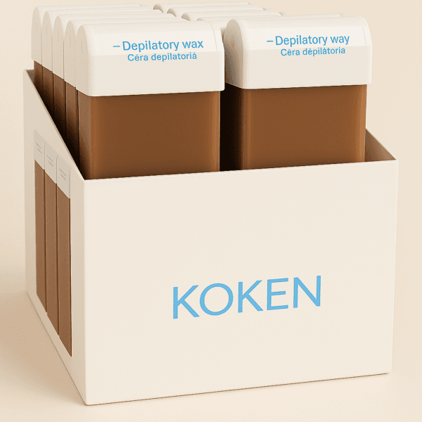 Pack de 20 cartuchos de cera chocolate roll-on de 100 ml para depilación tibia profesional, en envase marrón con tapa blanca