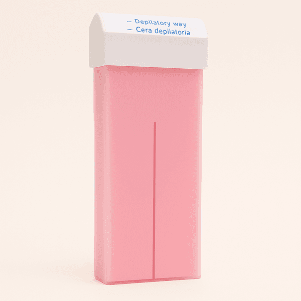 Cartucho de cera rosa roll-on de 100 ml para depilación tibia en pieles sensibles, con envase rosa y tapa blanca