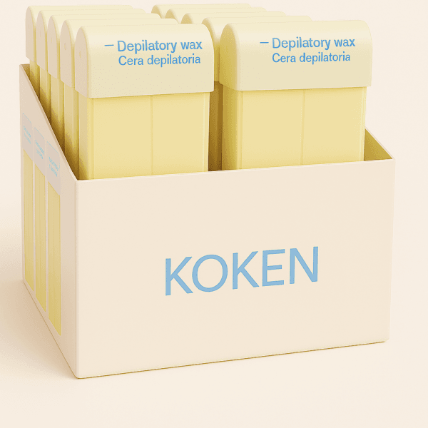 Pack de 20 cartuchos de cera roll-on con aroma a limón, marca KOKEN, en envase universal de 100 ml para depilación profesional.