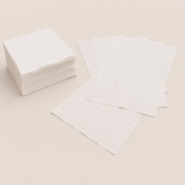 Toallas Spun Laced desechables blancas de 40x80 cm extendidas y apiladas sobre superficie beige.