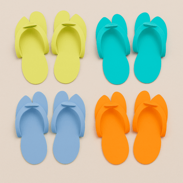 Chanclas desechables para pedicura en colores surtidos: amarillo, azul, turquesa y naranja, sobre fondo beige.