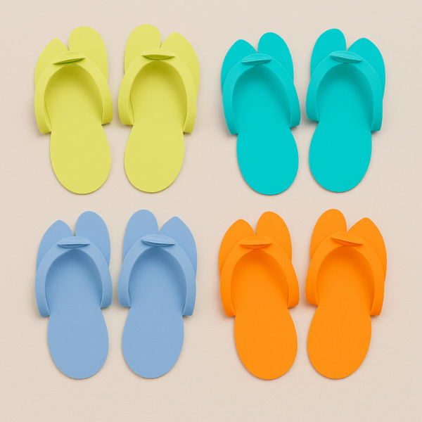 Chanclas desechables para pedicura en colores surtidos: amarillo, azul, turquesa y naranja, sobre fondo beige.