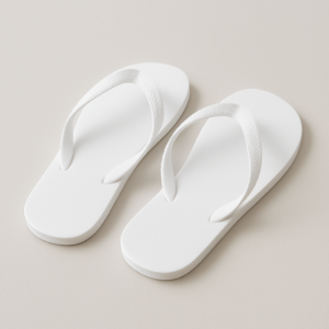 Chanclas blancas desechables para pedicura con tiras tipo flip-flop, sobre fondo beige claro.