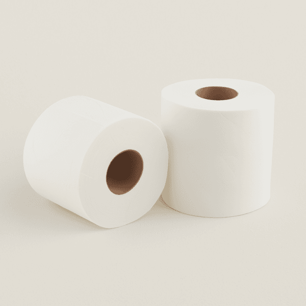 Dos rollos de papel secamanos blancos de gran formato sobre fondo blanco, ideales para uso profesional.