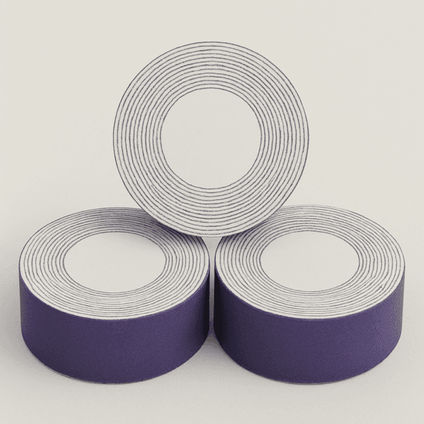 Tres rollos grandes de algodón blanco en presentación profesional de 1 kg, con núcleo interior visible y envoltorio morado.