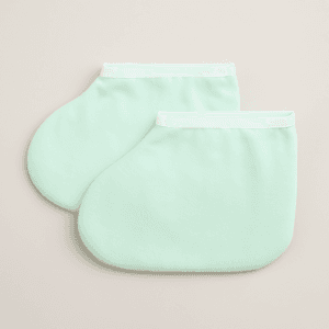 Par de peucos de rizo verde menta para parafina, vistos de perfil sobre fondo gris claro. Diseñados para retener el calor en tratamientos estéticos.