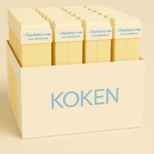 Caja expositora con 60 cartuchos de cera depilatoria roll-on de color amarillo claro, marca KOKEN, con etiqueta que dice "Depilatory wax – Cera depilatoria.
