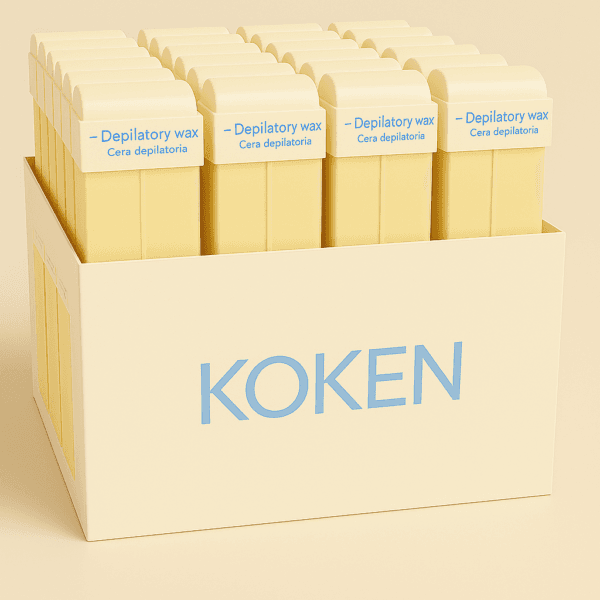Caja expositora con 60 cartuchos de cera depilatoria roll-on de color amarillo claro, marca KOKEN, con etiqueta que dice 