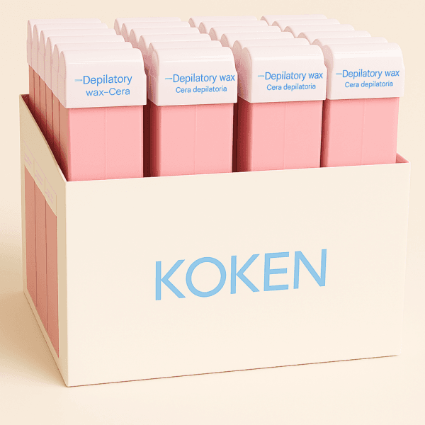 Pack de 60 cartuchos de cera rosa roll-on de 100 ml para depilación tibia, con envases rosa claro y tapas blancas.
