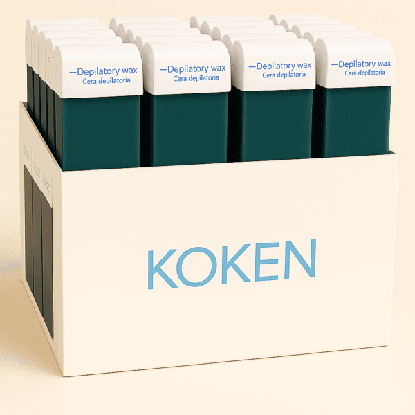Pack de 60 cartuchos de cera roll-on azuleno de 100 ml para depilación profesional, con envases verde oscuro y tapa blanca.