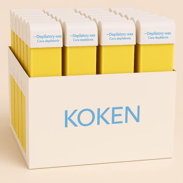 Pack 60 Roll-On Cera Depilatoria Natural 100 ml Pack de 60 unidades de roll-on de cera depilatoria tibia KOKEN de 100 ml en envase blanco y amarillo, ideal para uso profesional.