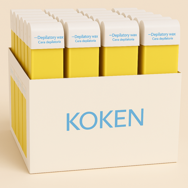Pack de 60 unidades de roll-on de cera depilatoria tibia KOKEN de 100 ml en envase blanco y amarillo, ideal para uso profesional.