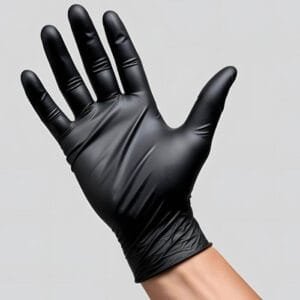 Mano con guante de nitrilo negro talla L sin polvo, con ajuste anatómico, sobre fondo gris claro. Uso profesional en estética o sanidad.
