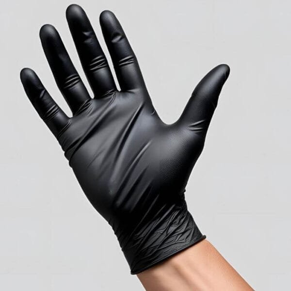 Mano con guante de nitrilo negro talla L sin polvo, con ajuste anatómico, sobre fondo gris claro. Uso profesional en estética o sanidad.