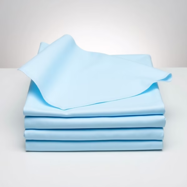 Sábana Cubrecamillas Desechable Azul (80x210 cm) - Pack de 5 uds. Sábanas desechables azules para camilla, apiladas y dobladas, con una hoja extendida en la parte superior.