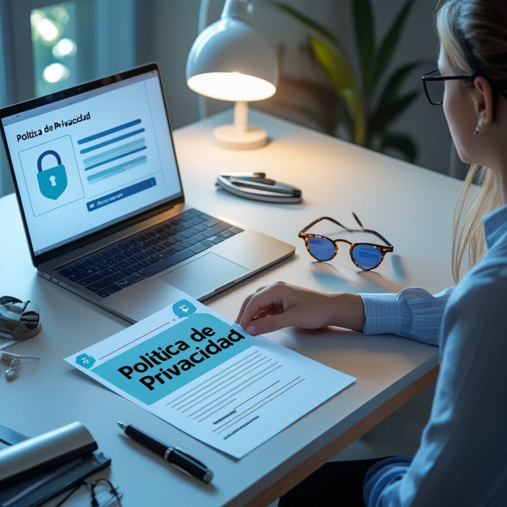 Mujer revisando un documento titulado 'Política de Privacidad' en un escritorio con laptop abierta que muestra un icono de candado y seguridad digital.