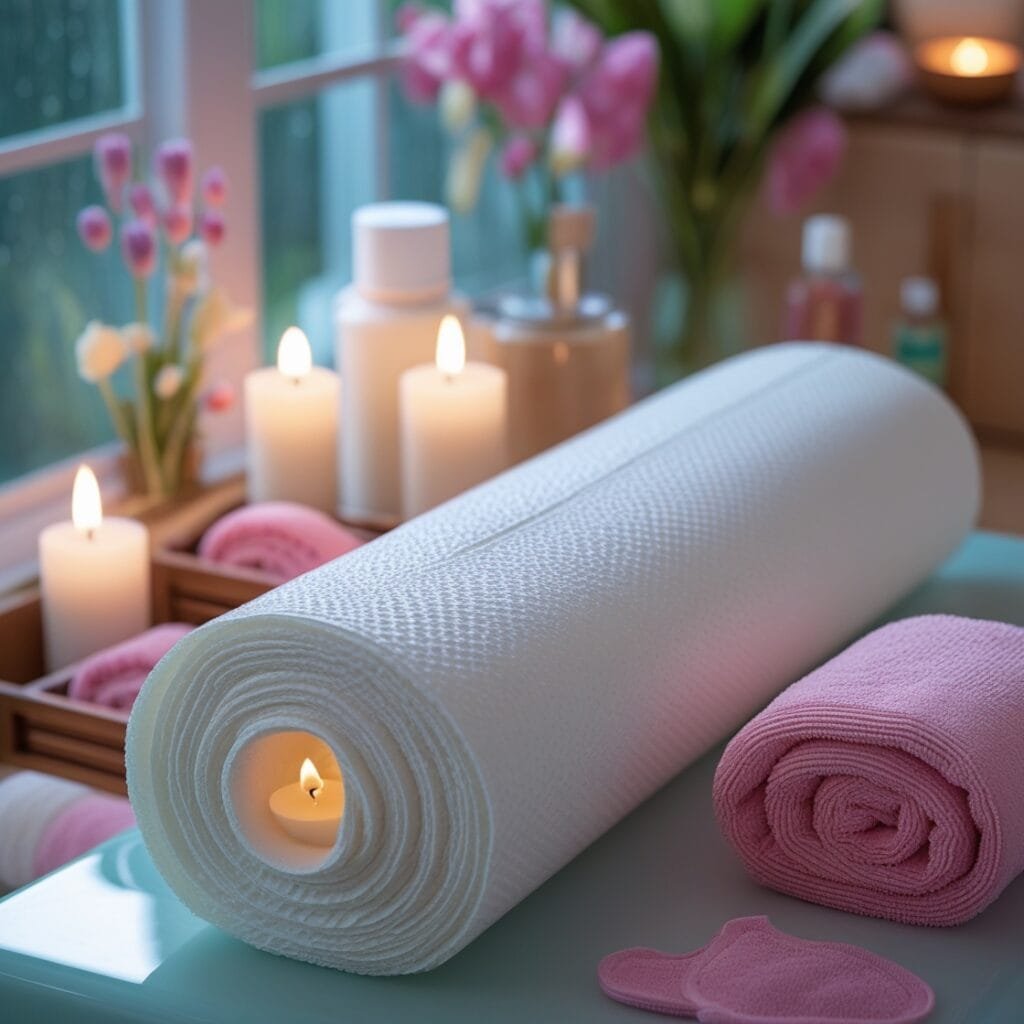 Rollo de papel camilla blanco en un entorno de spa con velas aromáticas y toallas rosas.