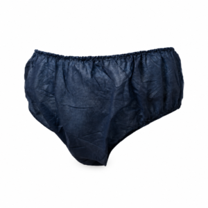 Calzoncillo desechable oscuro para hombre tipo slip con cintura elástica sobre fondo blanco