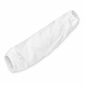 Cubremangas desechable blanco con extremos elásticos, sin mano ni brazo, sobre fondo blanco