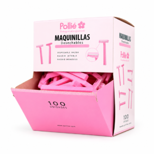 Caja dispensadora Pollié de 100 cuchillas de afeitar rosas sobre fondo blanco