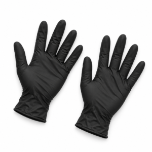 Dos guantes de nitrilo negros sin polvo, extendidos sobre fondo blanco