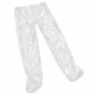 Pantalón de presoterapia de plástico transparente, extendido sin maniquí sobre fondo blanco