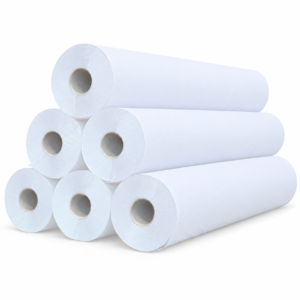 Pack de 6 rollos de papel camilla ecológico blanco, tumbados y apilados sobre fondo blanco