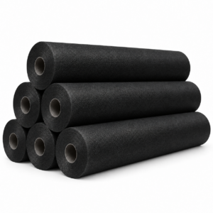 Pack de 6 rollos de papel camilla de polipropileno negro, tumbados y apilados sobre fondo blanco