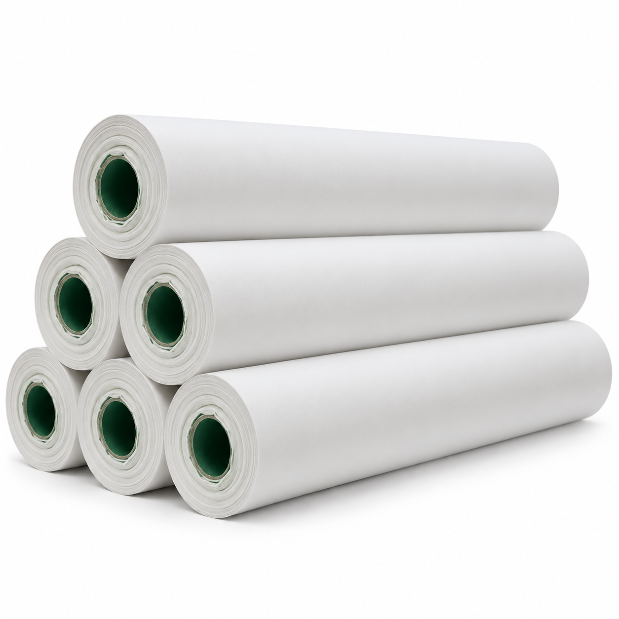Pack de 6 rollos de papel camilla plastificado blanco, tumbados y apilados sobre fondo blanco