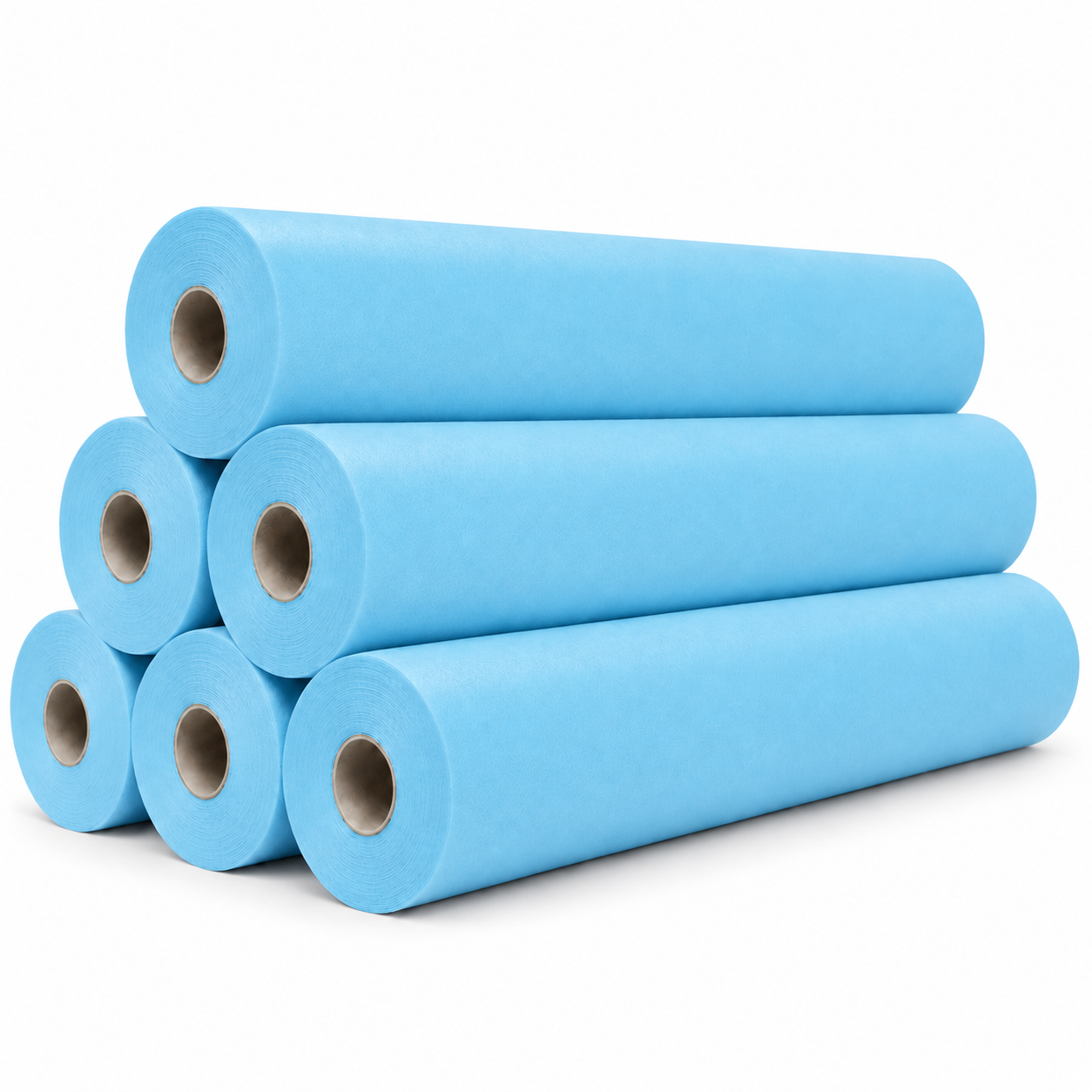 Pack de 6 rollos de papel camilla de polipropileno azul, tumbados y apilados sobre fondo blanco