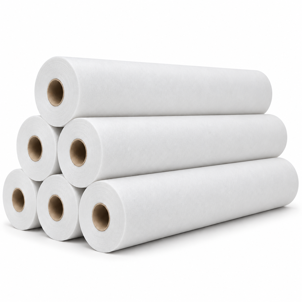 Pack de 6 rollos de papel camilla de polipropileno blanco de 58 cm x 80 m, apilados sobre fondo blanco