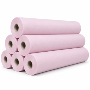 Pack de 6 rollos de papel camilla de polipropileno rosa, tumbados y apilados sobre fondo blanco