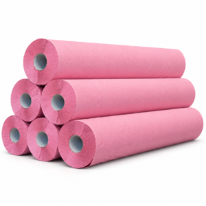 Pack de 6 rollos de papel camilla rosa, tumbados y apilados sobre fondo blanco