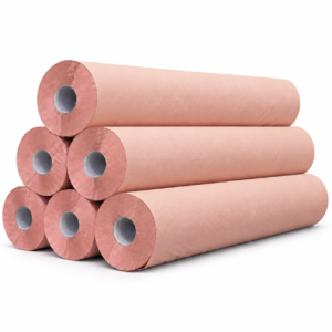 Pack de 6 rollos de papel camilla color salmón, tumbados y apilados sobre fondo blanco