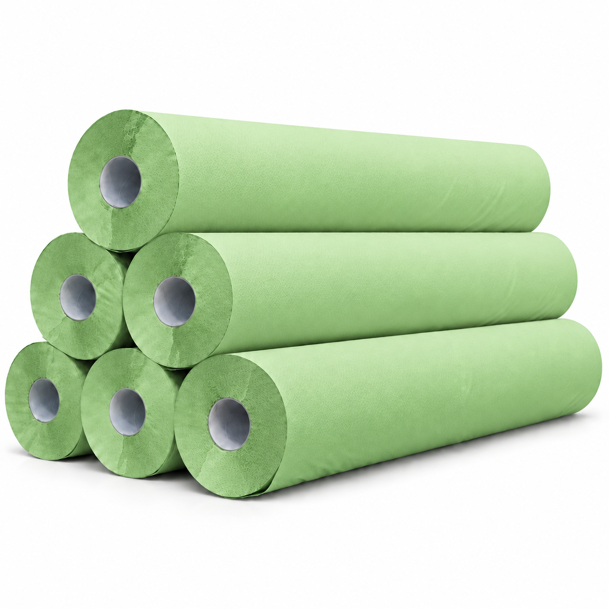 Pack de 6 rollos de papel camilla verde, tumbados y apilados sobre fondo blanco