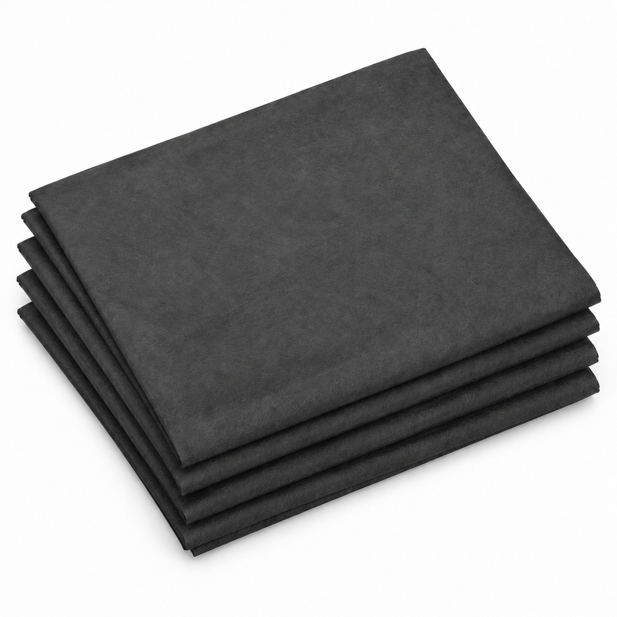 Pack de 5 sábanas cubre camillas negras, dobladas y apiladas sobre fondo blanco