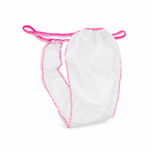 Tanga desechable para mujer blanco con ribete rosa sobre fondo blanco, presentación del pack de 100 unidades