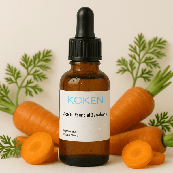 Aceite esencial de zanahoria puro en frasco con zanahorias frescas.