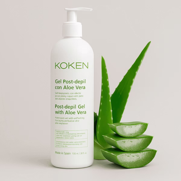 Gel post-depil Aloe Vera KOKEN 500 ml junto a hoja de aloe vera