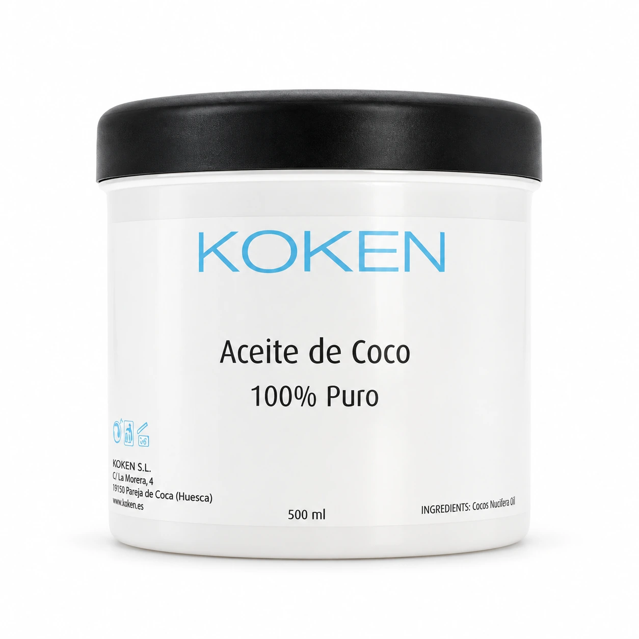Tarro KOKEN de aceite de coco 100% puro 500 ml con tapa negra