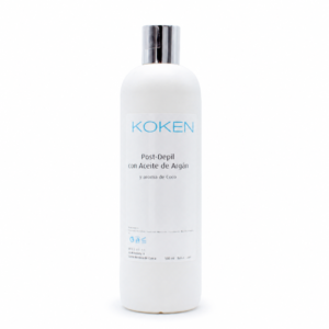 Aceite post depilación KOKEN con argán y aroma de coco, 500 ml, sobre fondo blanco