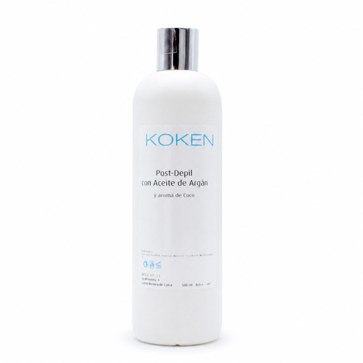 Aceite post depilación KOKEN con argán y aroma de coco, 500 ml, sobre fondo blanco