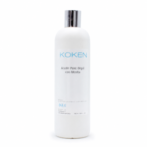 Aceite post depilación KOKEN con menta, 500 ml, sobre fondo blanco