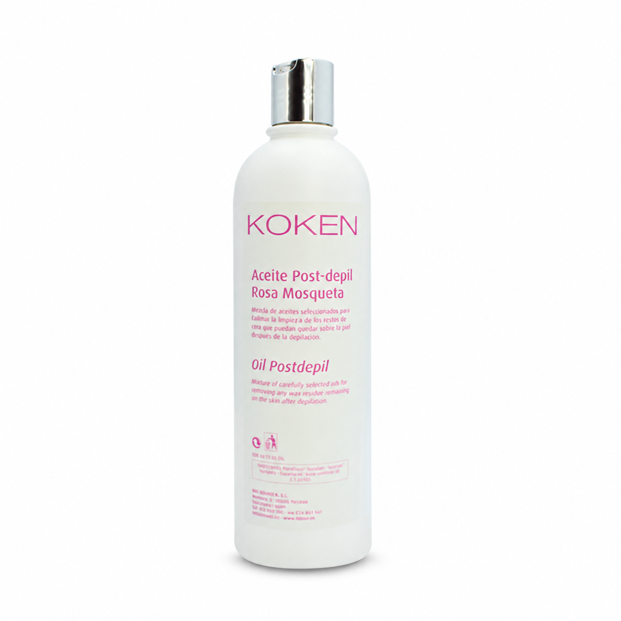 Aceite post depilación KOKEN rosa mosqueta, 500 ml, sobre fondo blanco