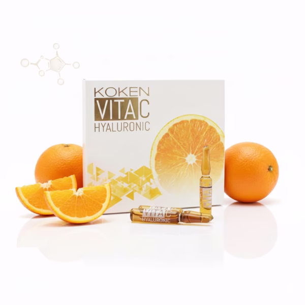 Ampollas Vitamina C + Ácido Hialurónico KOKEN 5x2ml - Tratamiento Facial Iluminador Ampollas KOKEN Vita C Hyaluronic con vitamina C pura y ácido hialurónico, caja 5 ampollas 2ml con naranjas frescas, tratamiento facial antimanchas luminosidad